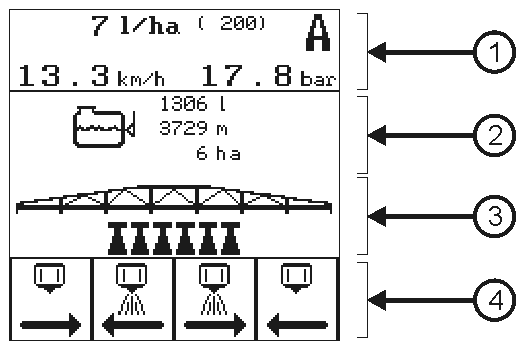 Titel : Bereiche der Arbeitsmaske - Feldspritze
ID : 16109195 Bereiche der Arbeitsmaske - Feldspritze